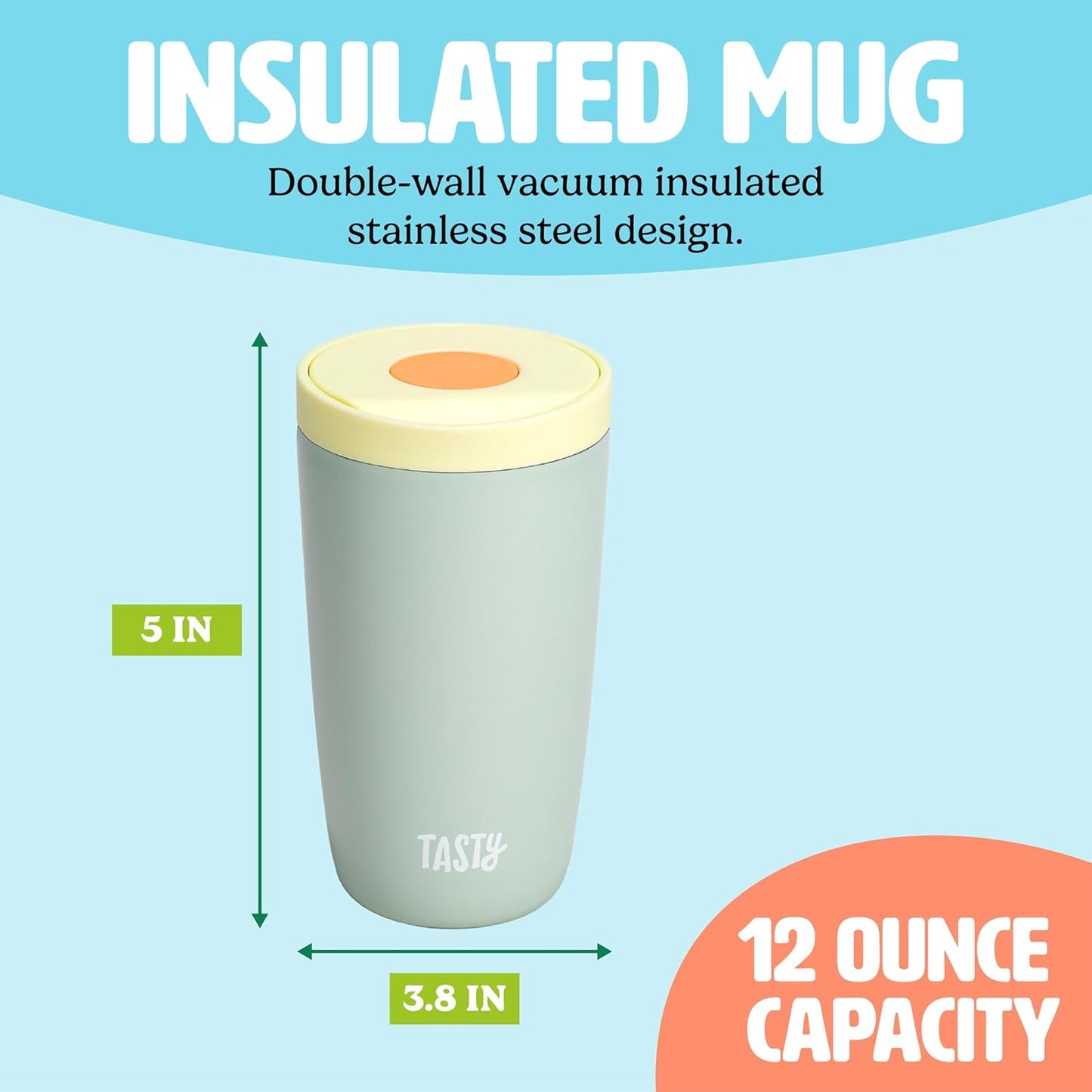 Tasty 12oz Insulated Stainless Steel Push Mug, Leak-Proof Lid with One-Hand Open/Close Button, Travel Coffee Cup, Double Wall Vacuum Flask, Aqua Blue