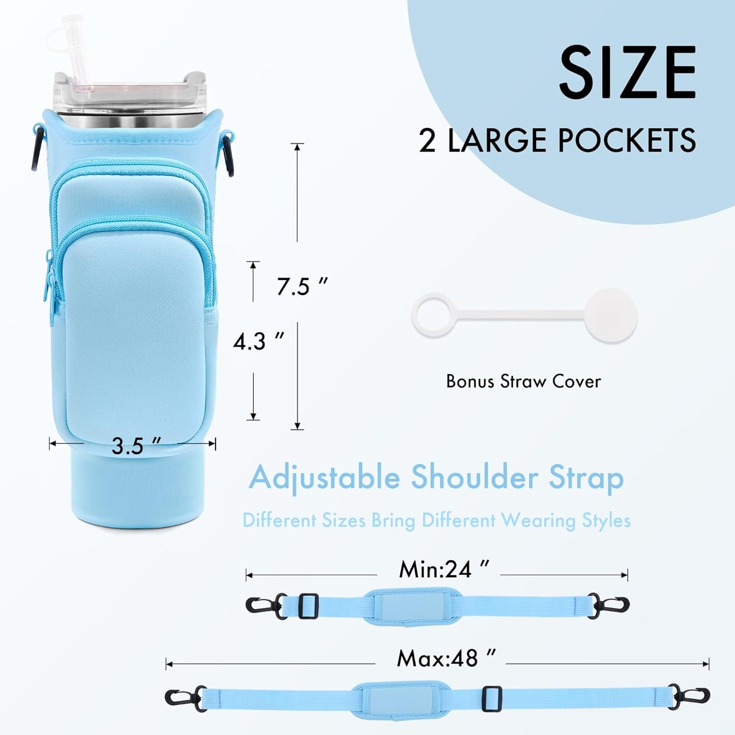 JEBEALUO Water Bottle Carrier Bag with Phone Pocket for Stanley Cup 40/30 oz, Water Bottle Holder with Adjustable Strap& Straw Cover, Stanley Cup Accessories