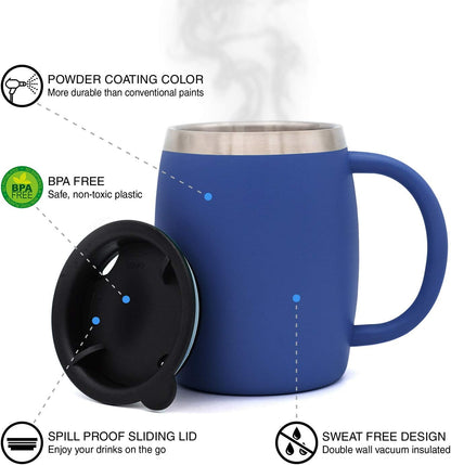 CHILLOUT LIFE Stainless Steel Insulated Coffee Mugs Set of 2 (14oz) – Double Wall Coffee Cups with Spill Resistant Lid & Strong Handle, Shatterproof Cups for Cold Drinks and Hot Beverages