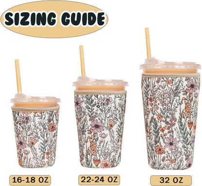 Reusable Insulated Neoprene Iced Coffee Cup Sleeve, Durable Drink Sleeve for Cold Beverages, Beverage Holder for Iced Coffee, Floral Checkers