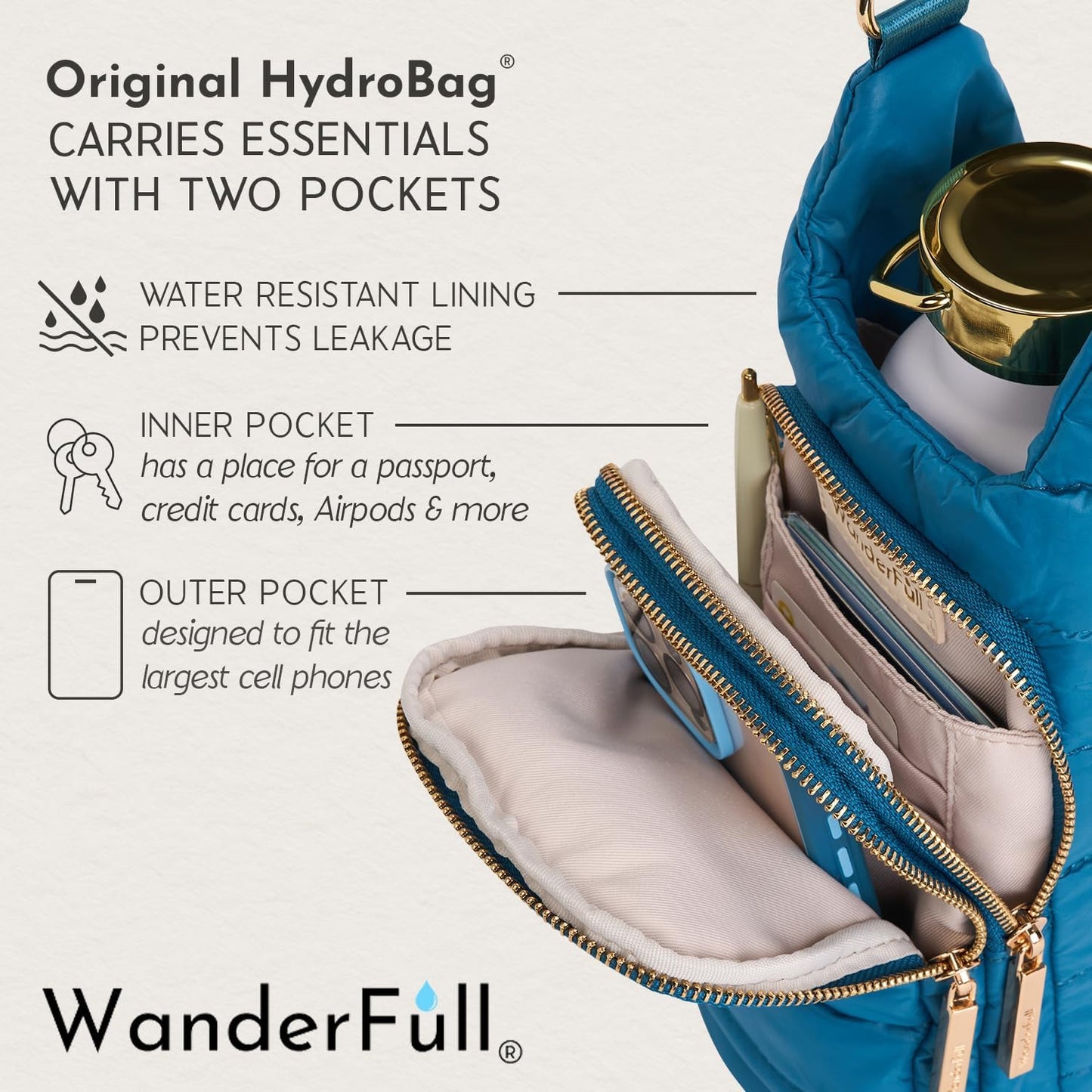 WanderFull Original HydroBag Fits Up to 32 oz Water Bottle Holder with Strap – Hands-Free Crossbody Water Bottle Carrier Bag with Phone Pocket - Colors A