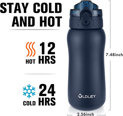 Oldley Insulated Water Bottle 20oz for Adults Kids Stainless Steel Water Bottles with Straw/Chug/Carabiner 3 Lids Fruit Strainer Double Wall Vacuum Wide Mouth BPA Free Leak-Proof for School Travel