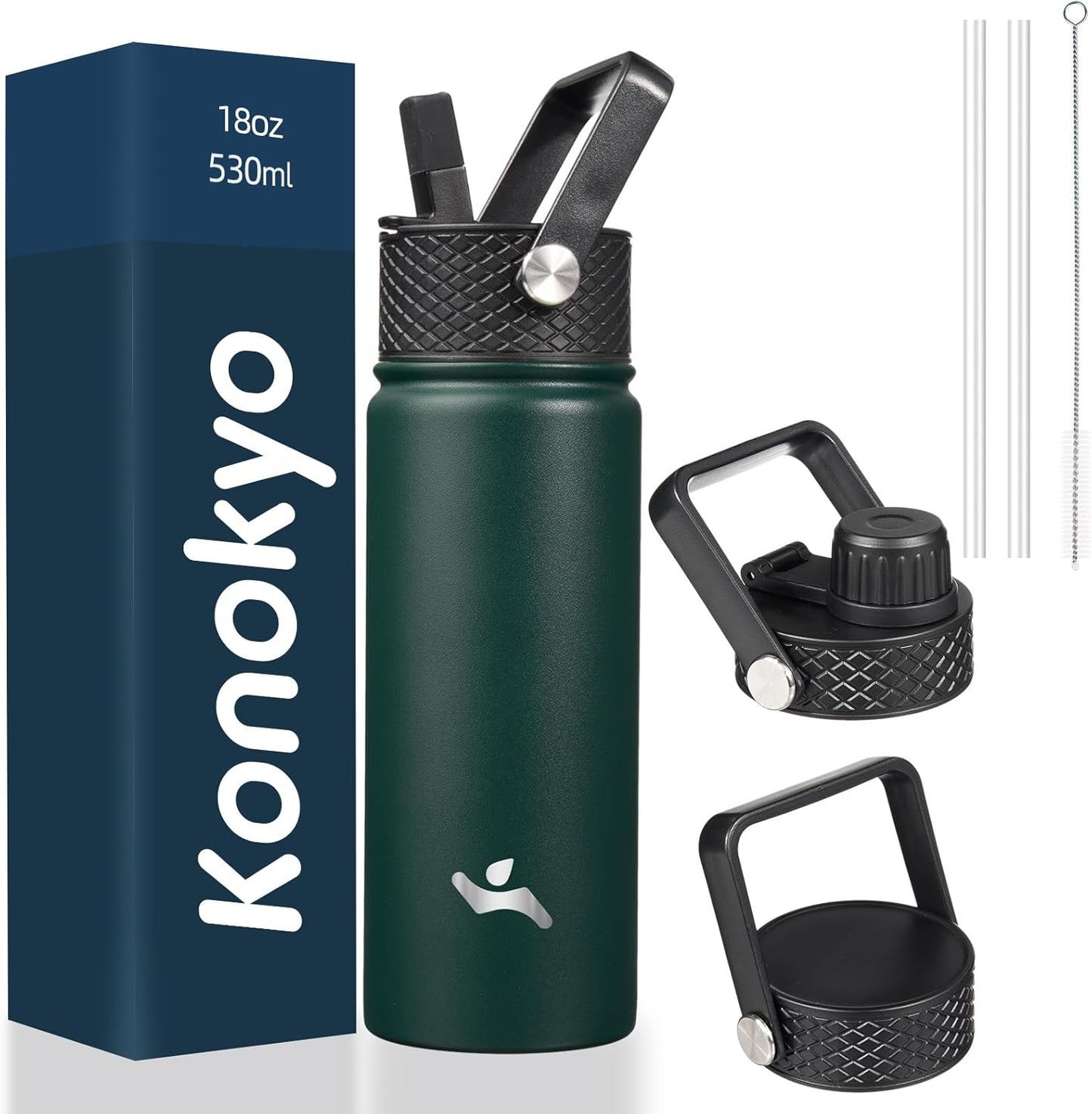 Konokyo 22oz Stainless Steel Bottles with 3 Lids Sport Insulated Water Bottle,Mint