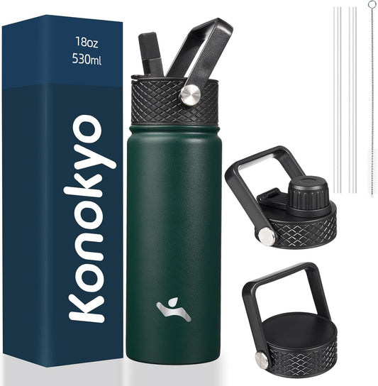 Konokyo 22oz Stainless Steel Bottles with 3 Lids Sport Insulated Water Bottle,Mint