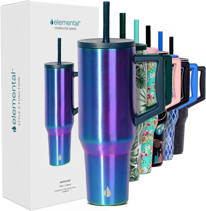 Elemental 32 oz 100% Leak Proof Tumbler with Handle & Straw - Stainless Steel Double Wall Insulated Tumbler for Hot and Cold Beverages - Travel Coffee Mug with Sip & Straw Lid - White - Colors B