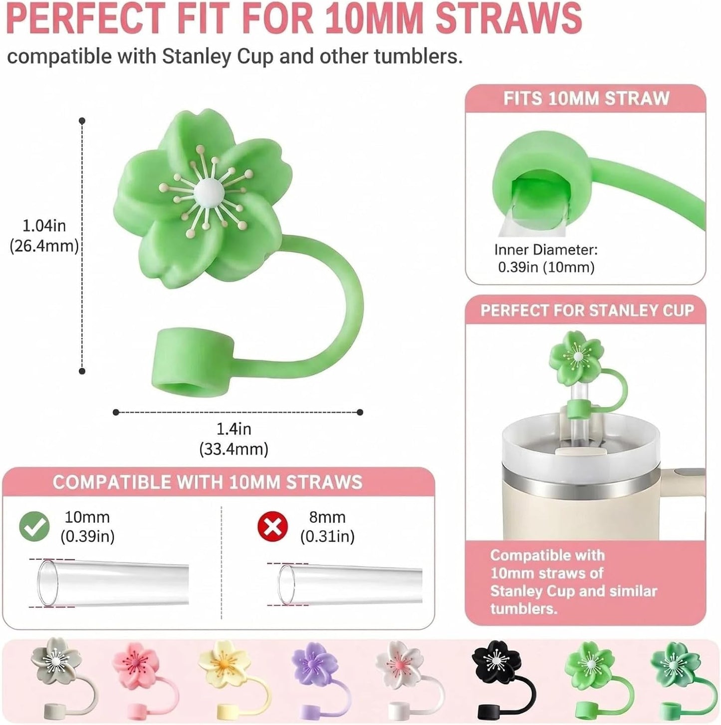 BTYHAOS Silicone Straw Caps for 10mm Tumblers | Reusable Dust-Proof Straw Toppers Compatible with Stanley 30oz & 40oz Tumblers (Purple Flower 3pc)