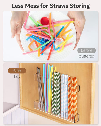 Upgraded 9.5'' Large Acrylic Straw Holder for Cabinet Door, Adjustable Space-Saving Straw Organizer Storage Dispenser for Cabinet with Ultra Sticky Adhesive Strips, 2-Part Rack, Drainage Holes