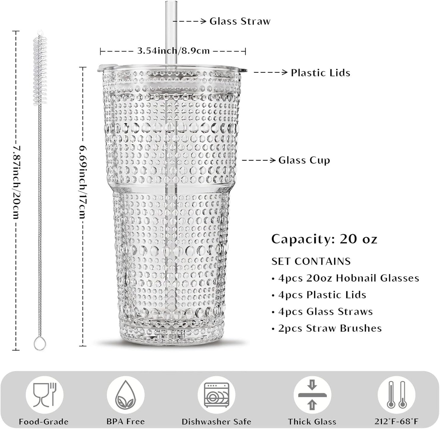 INSETLAN 20oz Hobnail Glass Cups with Lids and Glass Straws – 4 Pieces, Thick-Walled Glass Tumblers for Iced Coffee, Smoothies, Milk, Water, Juice, and More – Elegant and Durable Drinking Glasses