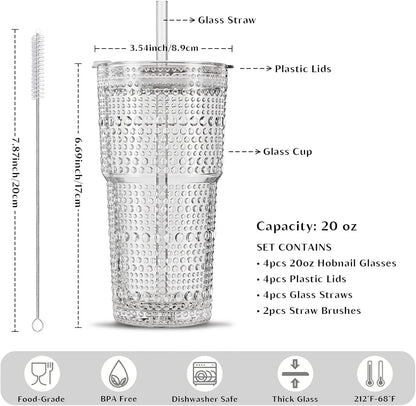 INSETLAN 20oz Hobnail Glass Cups with Lids and Glass Straws – 4 Pieces, Thick-Walled Glass Tumblers for Iced Coffee, Smoothies, Milk, Water, Juice, and More – Elegant and Durable Drinking Glasses