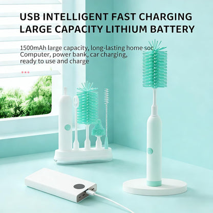 Rechargeable Electric Bottle Brush with Stand - 360° Spin Silicone Cleaner for Baby Bottles, Breast Pumps & Small Household Containers (Sea Blue)