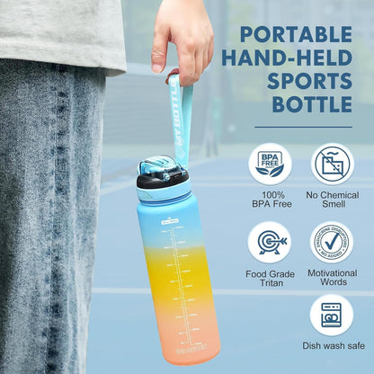 Water Bottle with Straw 1L,Boys Water Bottles with Straw 1 Litre,Waterbottle Leak-Proof Sports Water Bottle,Plastic Drinks Bottles Toxin Free，Bpa-Free (Cyan Black)