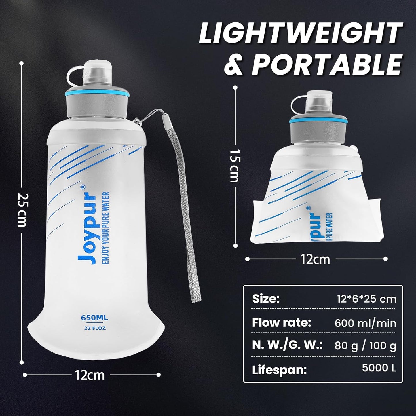 Water Filter Survival - Collapsible Water Bottle with Filter 0.01 Micron Squeeze Filtered Water Bottle 22oz for Hiking Backpacking Camping BPA-Free(White 650ml)