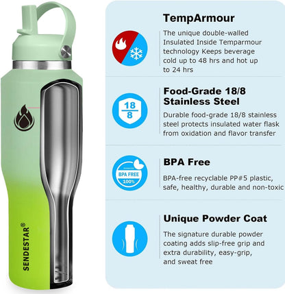 SENDESTAR 40oz Water Bottle Wide Mouth Stainless Steel Vacuum Insulated Double Wall with Straw Lids Fit in Any Car Cup Holder