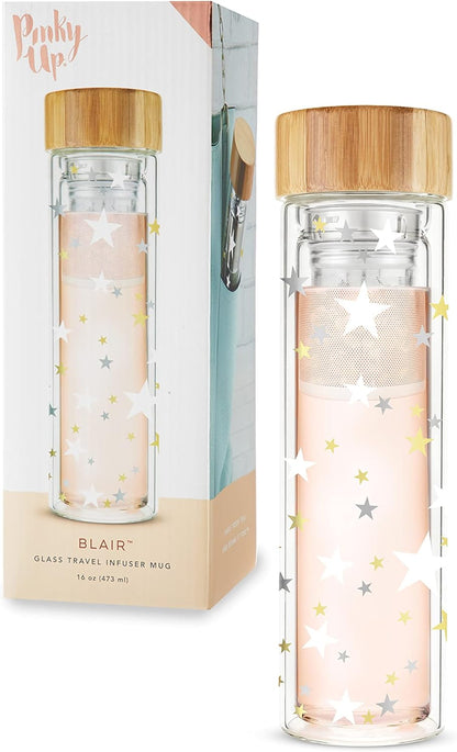Pinky Up Blair Travel Tea Infuser Mug, Double Walled Insulated Travel Tumbler with Loose Leaf Tea Strainer, Travel Coffee Mug, Keeps Drinks Hot or Cold, 16 oz, White Leaf