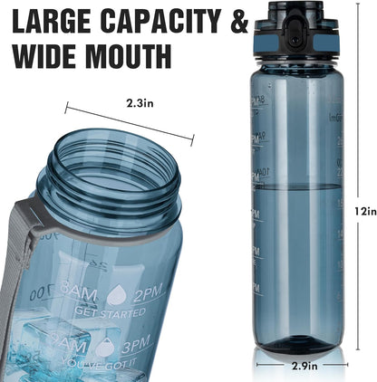 OLDLEY Water Bottle, 32oz Motivational Sports Water Bottle with Time Marker - Times to Drink - Tritan, BPA Free, Wide Mouth Leakproof, Clear (1 Bottle)