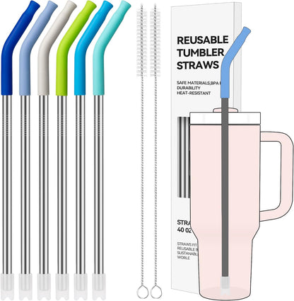 40 oz Straight Metal Straws for 40 oz Stanley Tumbler, 6 Pcs Stainless Steel Reusable Drinking Metal Straw with Colourful Silicone Tips,Straw for Glass Cups, BPA FREE