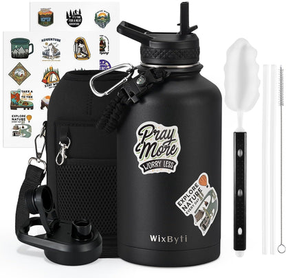 WixByti 40 oz Insulated Water Bottle with Straw (Cold for 36 Hrs), Stainless Steel Triple Wall Vacuum Sports Water Jug, Leakproof Hydro Cup Flask with Paracord Handle & Straw Spout Lids & DIY Stickers