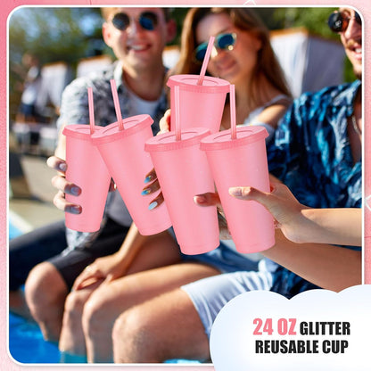 Uiifan 6 Pcs 24 oz Reusable Tumbler with Lids and Straws Plastic Iced Coffee Tumbler Glitter Travel Mug Cup for Smoothie Juices Birthday Party Cold Drink Coffee Cup Bulk for Adult Kid Women (Clear)