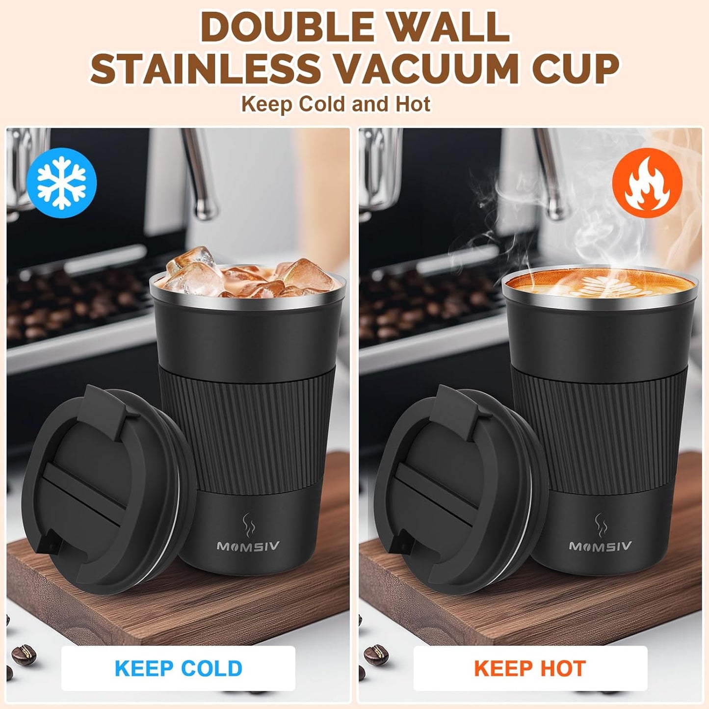 MOMSIV 12oz Travel Mug, Insulated Coffee Cup with Leakproof Lid, Travel Coffee Mug Vacuum Stainless Steel Double Walled Reusable Coffee Cup for Hot and Cold Water Coffee
