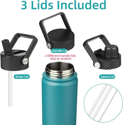 Konokyo 22oz Stainless Steel Bottles with 3 Lids Sport Insulated Water Bottle,Mint