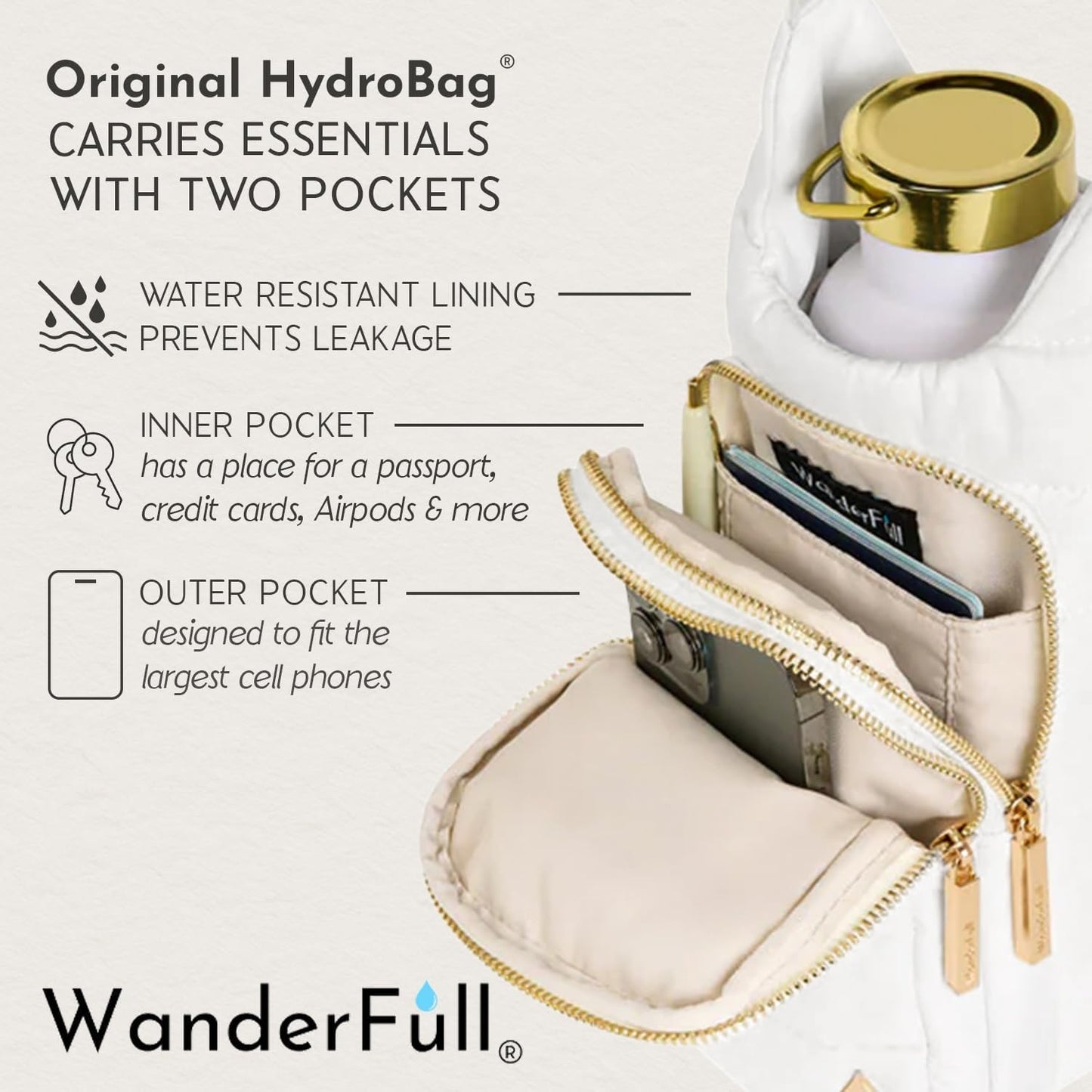 WanderFull Original HydroBag Fits Up to 32 oz Water Bottle Holder with Strap – Hands-Free Crossbody Water Bottle Carrier Bag with Phone Pocket - Colors A