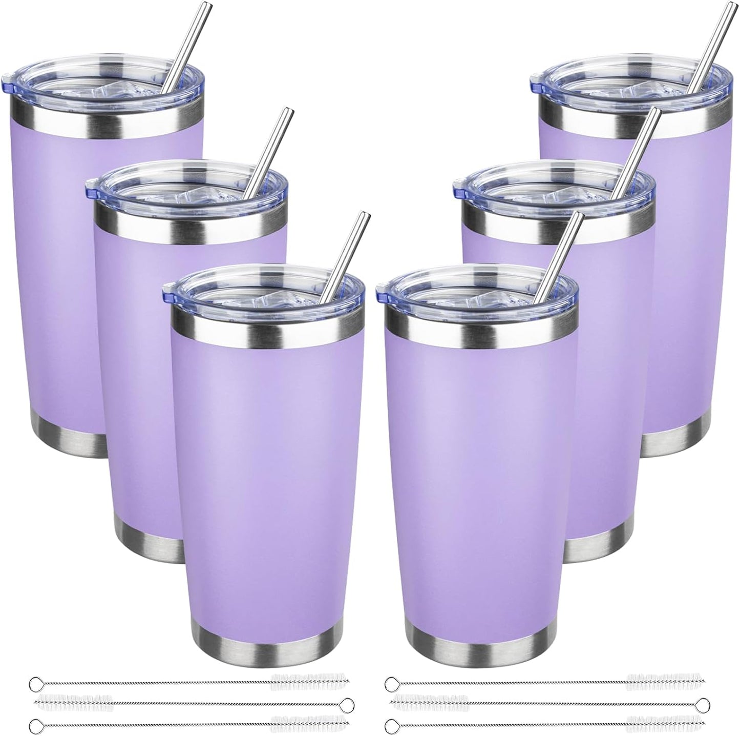 20 oz Tumbler with Lids and Straws, Stainless Steel Insulated Travel Coffee Mug, Double Wall Vacuum Insulated Tumblers, Powder Coated Coffee Tumbler for Cold & Hot Drinks (Light Purple)
