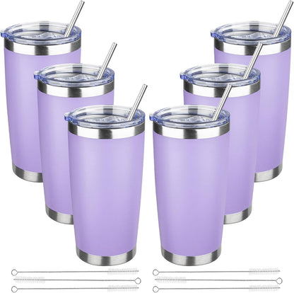20 oz Tumbler with Lids and Straws, Stainless Steel Insulated Travel Coffee Mug, Double Wall Vacuum Insulated Tumblers, Powder Coated Coffee Tumbler for Cold & Hot Drinks (Light Purple)