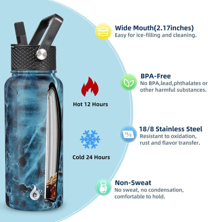 BJPKPK Insulated Water Bottles with Straw Lid, 40oz Stainless Steel Water Bottles with 3 Lids, BPA Free Leakproof Thermo, Tumblers, Cups for Sports, Gym- Midnight - Colors B