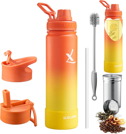 Lexlion Tea Infuser Water Bottle 32 Oz – Triple Wall Insulated Stainless Steel, Loose Leaf & Fruit Strainer, 3 Leakproof Lids, BPA-Free Silicone Sleeve, Reusable Thermal Mug
