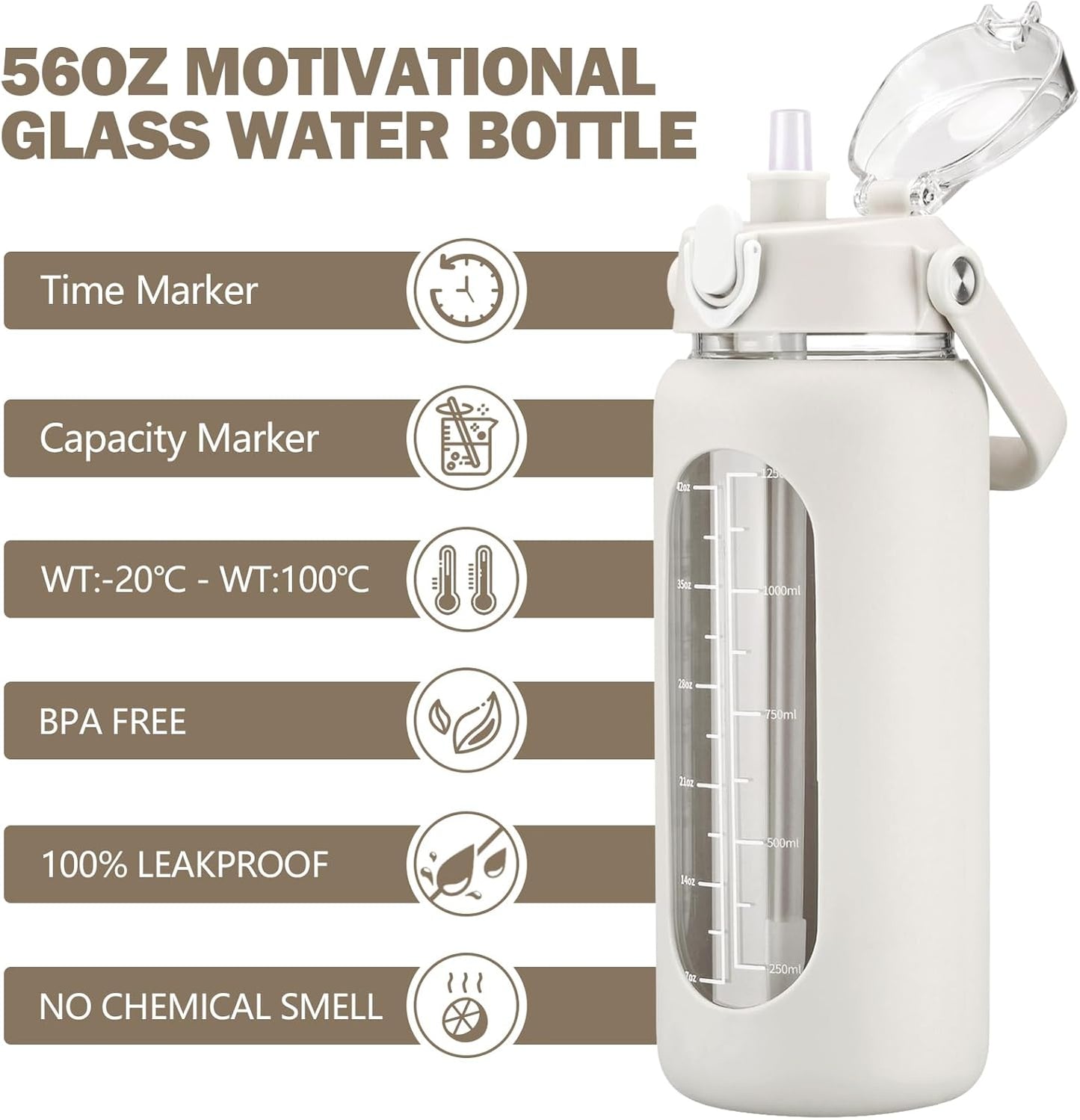 64oz Glass Water Bottles with Straw, Half Gallon Motivational Glass Bottle with Silicone Sleeve and Time Marker, 2L Leakproof Large Glass Water Jug for Gym Home Office,olive