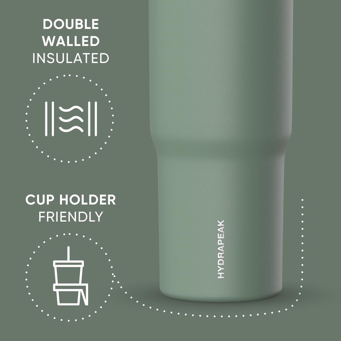 Hydrapeak Nomad 32oz Insulated Stainless Steel Travel Tumbler with Handle & Straw Lid, Leakproof, Cupholder Friendly, Keeps Drinks Cold 24 Hours, Reusable Bottle for Daily Hydration (Pale Sage)