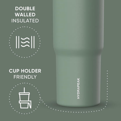 Hydrapeak Nomad 32oz Insulated Stainless Steel Travel Tumbler with Handle & Straw Lid, Leakproof, Cupholder Friendly, Keeps Drinks Cold 24 Hours, Reusable Bottle for Daily Hydration (Pale Sage)