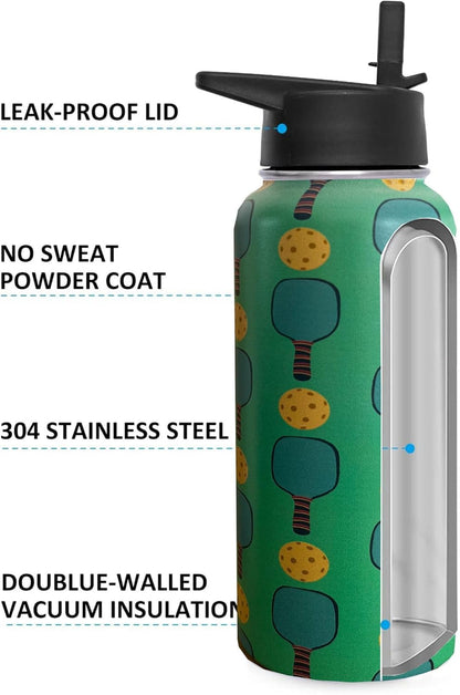 32oz Pickleball Water Bottle Insulated Vacuum Stainless Steel Tumbler Travel Mugs With Straw for Game Sport,Pickleball Accessories