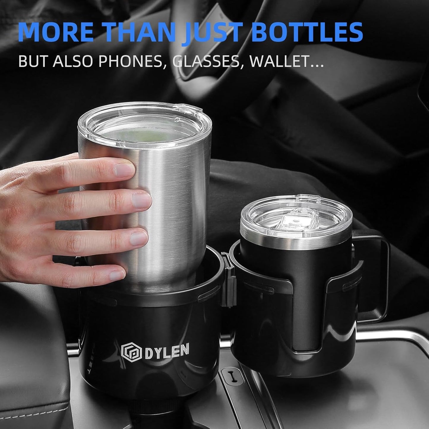 DYLEN Car Cup Holder Expander, 2 in 1 Cup Holder Adapter Extender for Car with Expandable Insert, Fits Yeti, Hydroflask and Other Large Water Bottles & Mugs in 2.2"-4.6" (10-46oz)