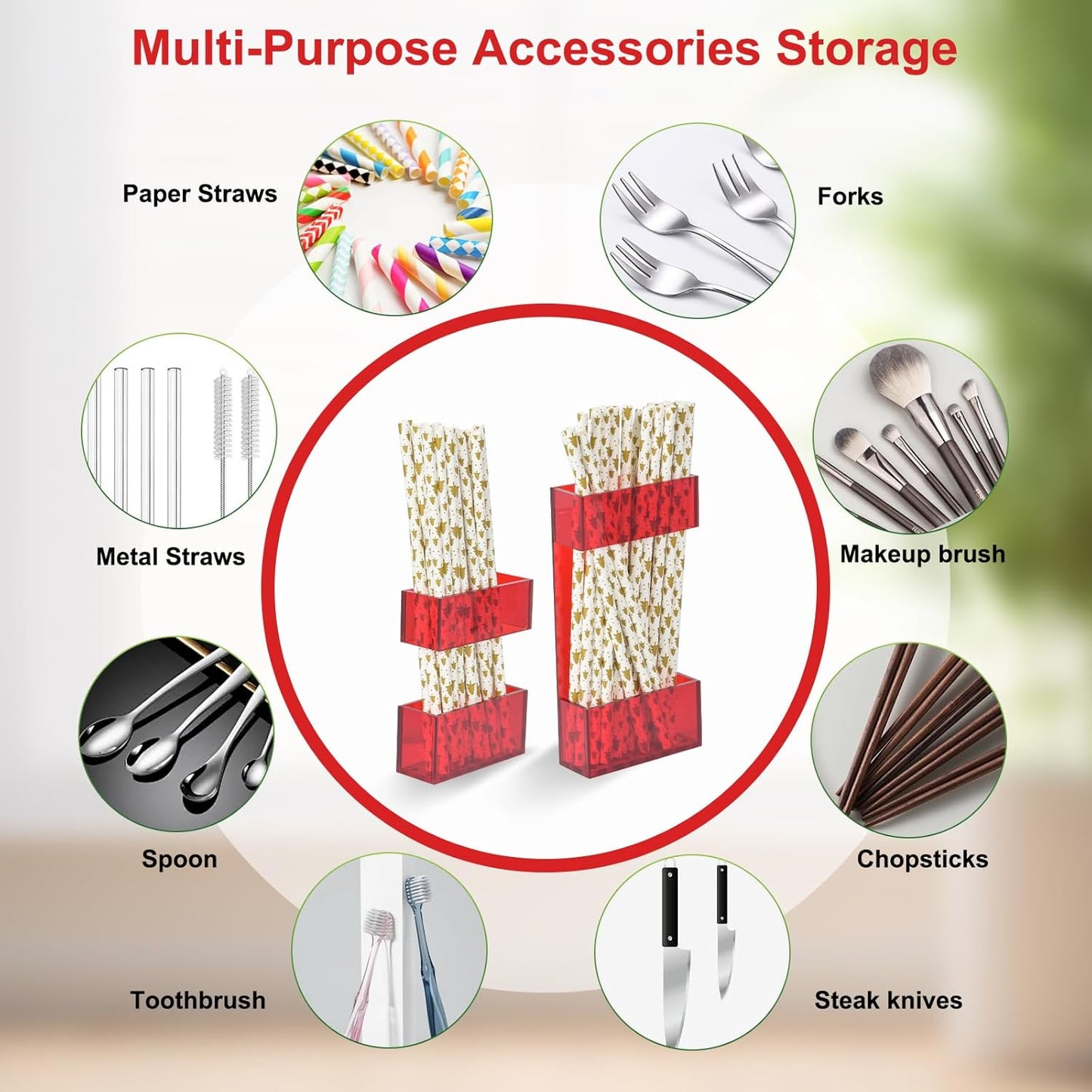 2 PACK Acrylic Straw Holder for Cabinet Doors, Reusable Straw Organizer with Ultra-Sticky Adhesive, Small Kitchen Accessories Container, Fits Both Short & Long Straws(Black)