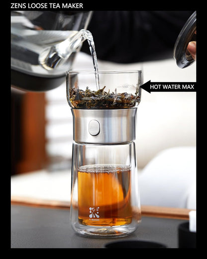ZENS Modern Glass Infuser Teapot, One Touch Tea Maker for Loose Leaf Tea with Insulated Mug and Portable Case. Enchanted Pot Alternatives for Tea Lover Gifts