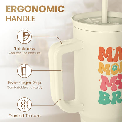 Floral Tumbler with Handle 40oz, Stainless Steel Insulated Tumblers Coffee Travel Mug Cup with Straw, Flower Coffee Cup Gifts for Women Girls, Gift for Her on Christmas Birthday Mothers Day