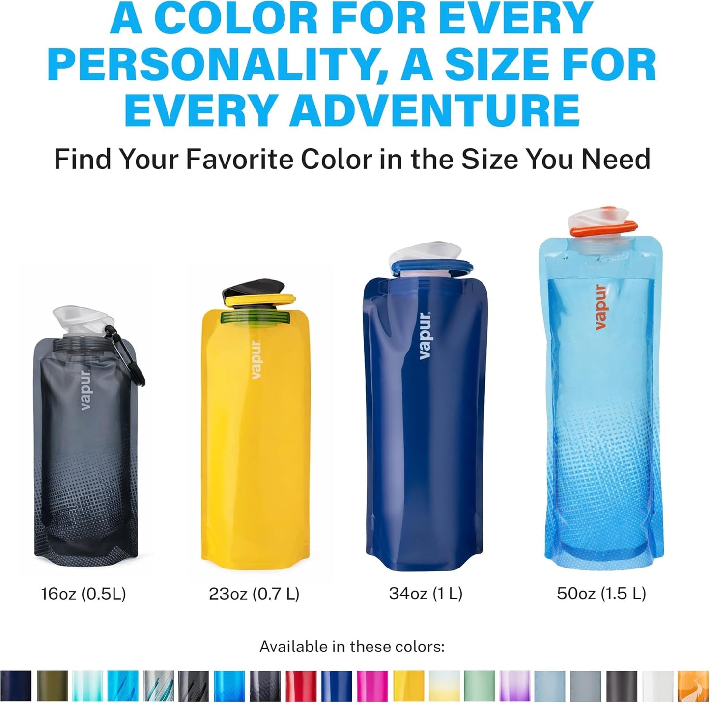 Vapur Collapsible Water Bottle with Carabiner - 34oz (1L), Night Blue - Flexible and Lightweight Water Bottle for Travel, Concert, Hiking, and Outdoor Adventures - BPA-Free, Dishwasher-Safe, Freezable