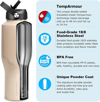 HYDROWION 32oz Stainless Steel Water Bottle(Cold for 48 Hrs, Hot for 24 Hrs),Double Wall Vacuum Insulated Water Bottle with Straw Lid, Spout Lid and Flex Cap, Fit in Any Car Cup Holder,Black