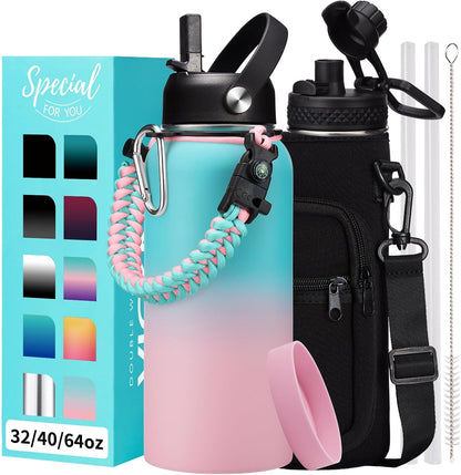 32/40/64OZ Insulated Water Bottle - Keep Cold 48H Hot 24H, Combo Straw/Spout Lids, Paracord Handle for Gym/Hiking, Carrier Bag +Strap, Cup Mat, BPA-Free Stainless Steel Flask Jug