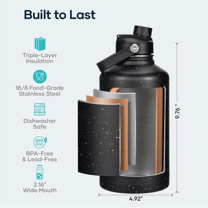 BUZIO 40oz Insulated Water Bottle, Triple Wall Vacuum Stainless Steel Water Flask with 2 lids, Lead-Free BPA-Free Straw Lid Sports Canteen Jug, Cold 48H & Hot 24H- Black - Colors A