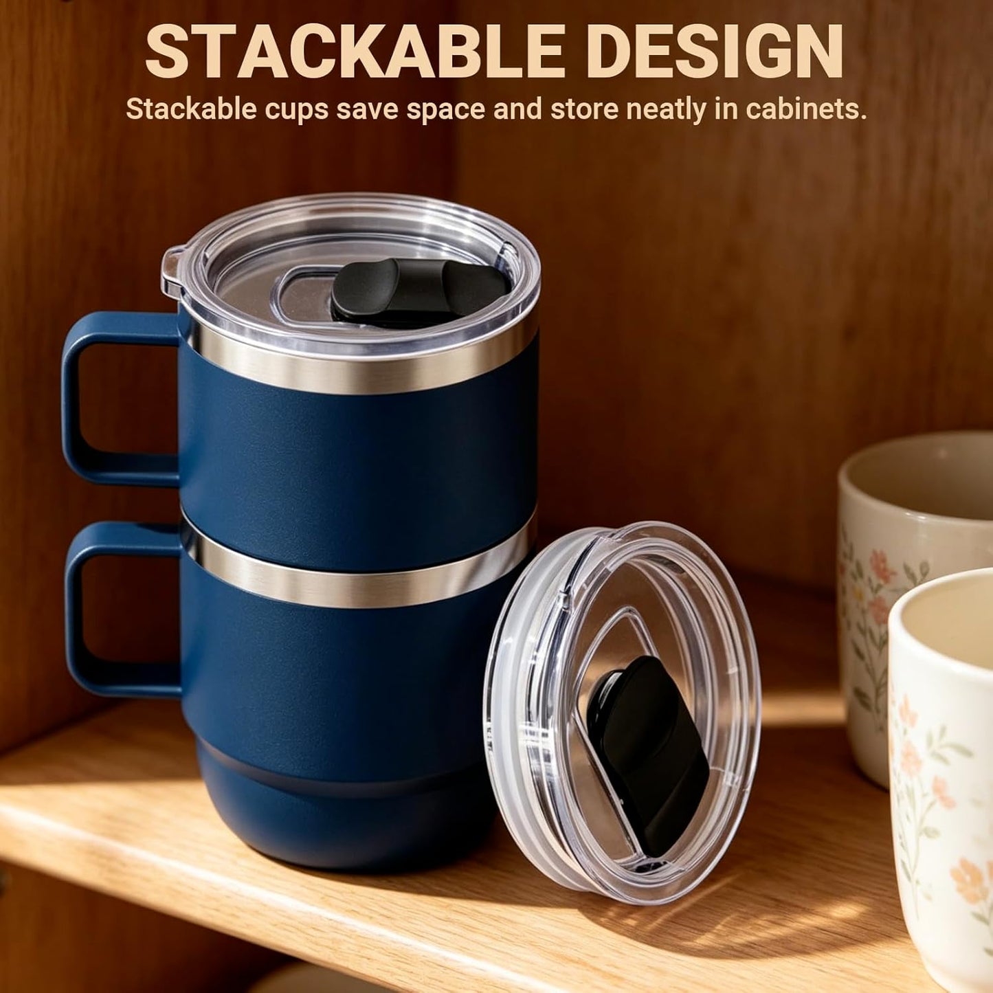 Zenbo 8 oz Small Coffee Mug with Magnetic Sliding Lid & Handle, Ceramic-Lined 18/8 Stainless Steel, Double-Wall Vacuum Insulated Espresso Coffee Cup, Stackable & Dishwasher Safe, White