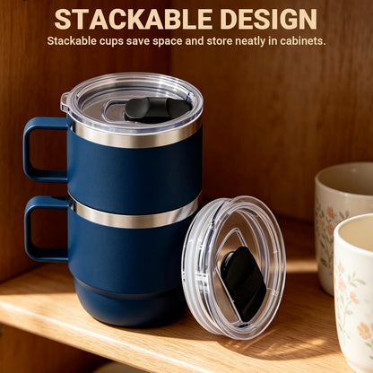 Zenbo 8 oz Small Coffee Mug with Magnetic Sliding Lid & Handle, Ceramic-Lined 18/8 Stainless Steel, Double-Wall Vacuum Insulated Espresso Coffee Cup, Stackable & Dishwasher Safe, White