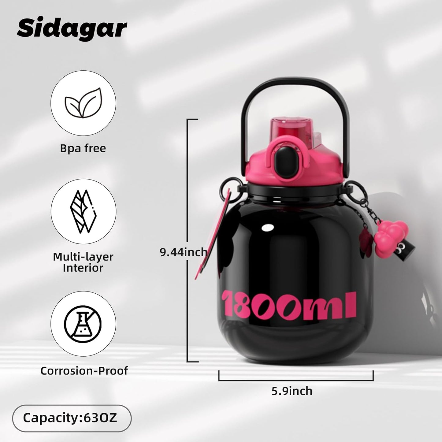 60 oz Big Gallon Water Bottle with Straw and Carry Handle, Black Wide Mouth Vacuum Water Jug, Insulated Stainless Steel Bottles; Heavy-Duty Aesthetic Yoga Flask for Women, Sweet & Cool Black