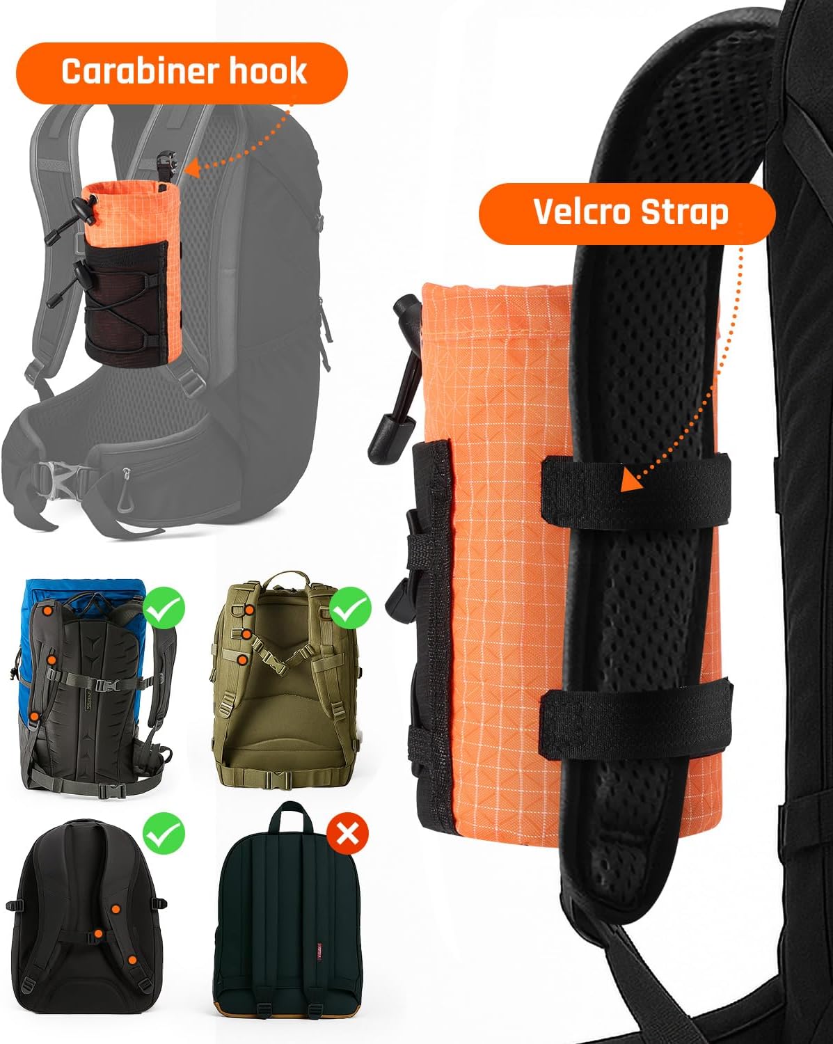 Water Bottle Holder Pouch with Hook Buckle, Backpack Water Bottle Holder Mesh Bag Carrier Fits for 8-24oz Bottles for Hiking, Running, Travel, Outdoor Backpack Accessories & Attachments