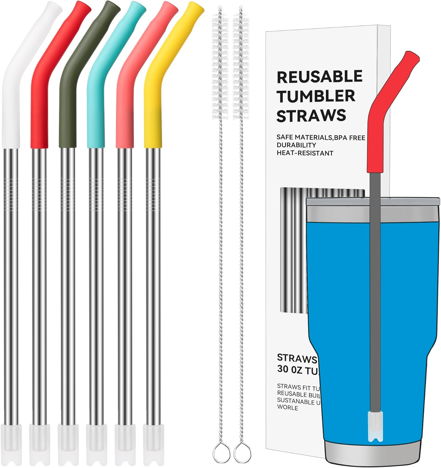 40 oz Straight Metal Straws for 40 oz Stanley Tumbler, 6 Pcs Stainless Steel Reusable Drinking Metal Straw with Colourful Silicone Tips,Straw for Glass Cups, BPA FREE