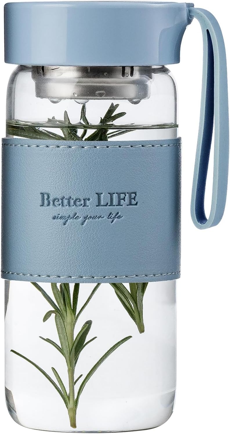 Glass Tea Bottle 16 oz Drinking Bottle with Non-Slip Holster, and Stainless Tea Infuser,Leak Proof Lid,Portable Glass Water Bottle for School, Office, Car & Home,as a gift, etc (Pink)