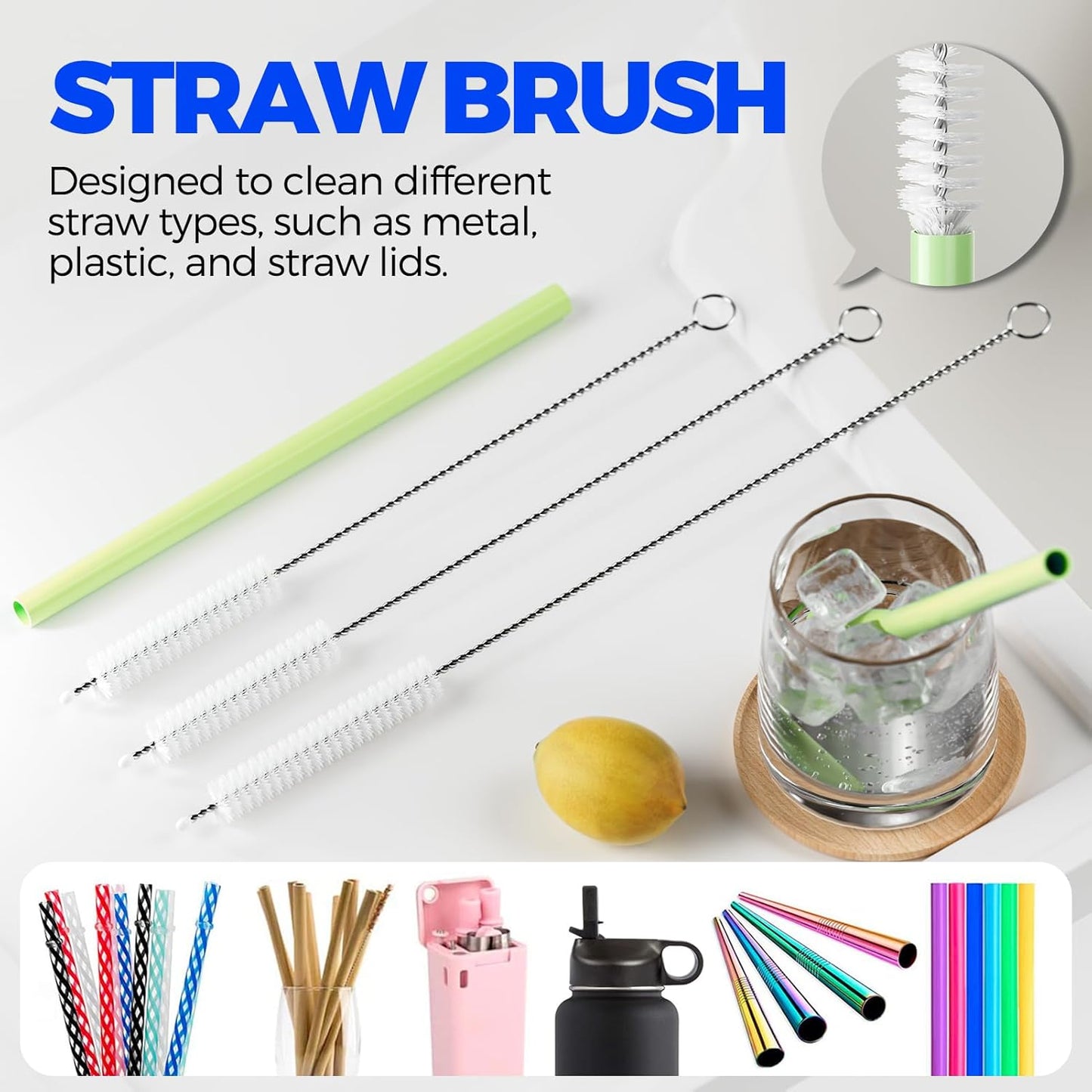 6 PACK Holikme 4 in 1 Cup Lid Cleaning Brush Set with 3 Straws, Multifunctional Bottle Brush, Silicone Cup Lid Gap Cleaner, Durable Bristle Crevice Cleaning Brush,Flat End Brushes,Navy & Black & Olive