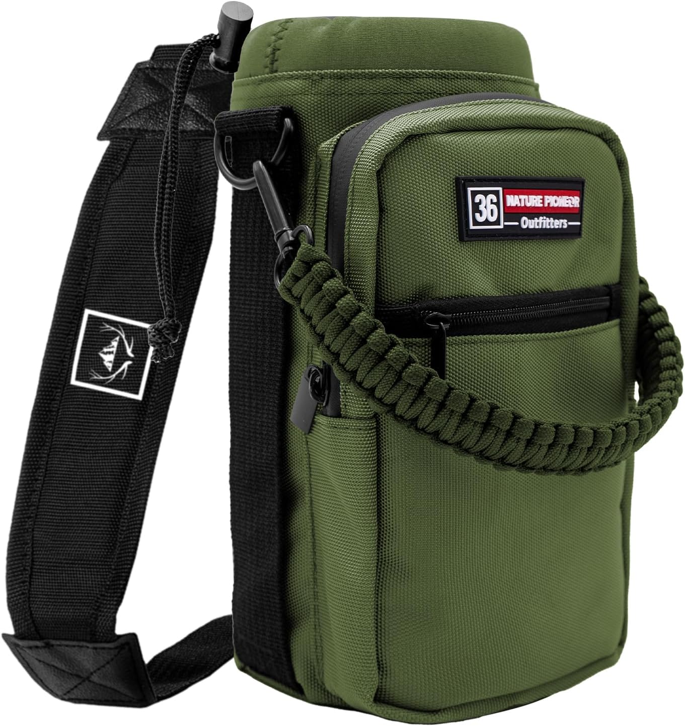NATURE PIONEOR Water Bottle Holder with Adjustable Strap - 26/32/36/40/46/64oz Insulated Water Bottle Sling Carrier with Paracord Handle & 2 Pockets, Outdoor Sports, Hiking, Camping, Gym