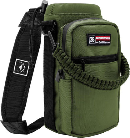 NATURE PIONEOR Water Bottle Holder with Adjustable Strap - 26/32/36/40/46/64oz Insulated Water Bottle Sling Carrier with Paracord Handle & 2 Pockets, Outdoor Sports, Hiking, Camping, Gym